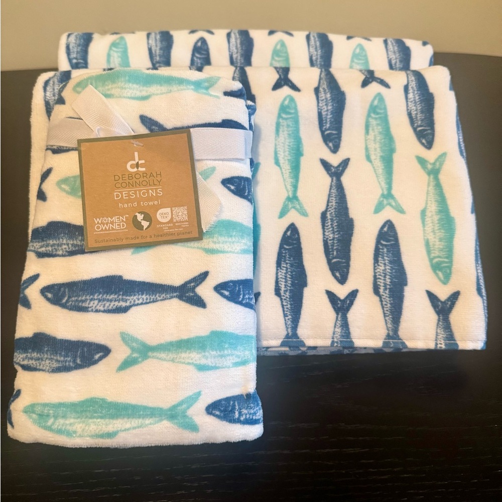 🐟Deborah Connolly 4pc Blue Fish Bath & Hand Towel Set🐟